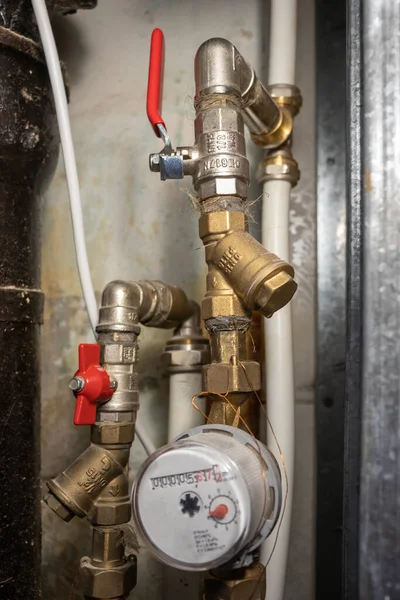 Node Connecting Cold Hot Water Apartment Filters Size Water Meters — Stock Photo, Image