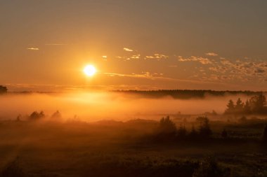 Köyde altın gün doğumu. Güneş ışınları sisin içine dağılır ve küçük bulutların üzerine düşer.
