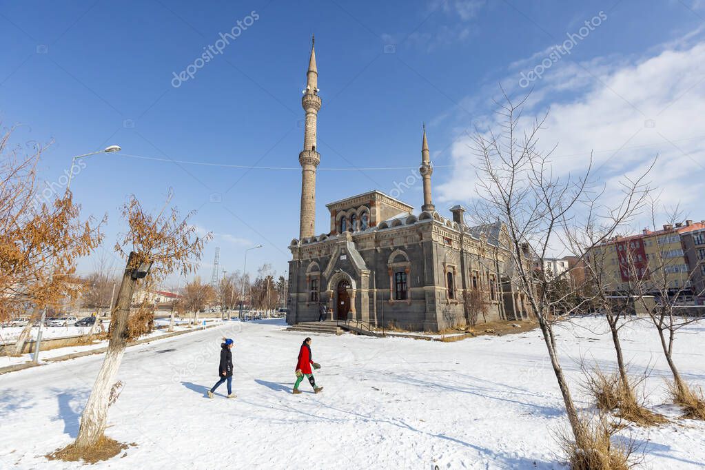 Kars,Turkey - January 1,2020 : Fethiye Mosque which had been built as a church (Aleksandr Nevski Church) is one of the symbols of this old city of East Region of Anatolia.