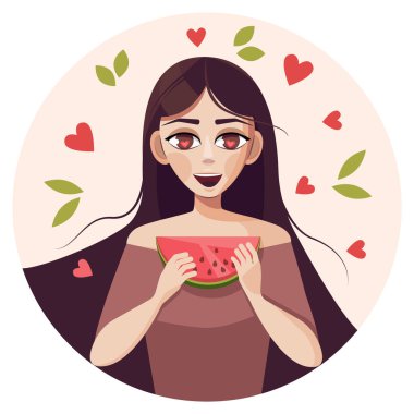 Güzel, mutlu, karpuzlu bir kız. Uzun siyah saçlı ve gözlerinde kalp olan bir kız..