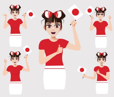 Japon bayrağı taşıyan güzel bir kadın. Hayran duyguları seti. Çizgi film tarzında vektör illüstrasyonu.