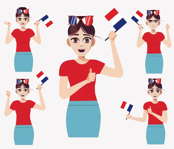 Una Chica Bonita Con Bandera Francia Conjunto Emociones Los Fans — Vector de stock