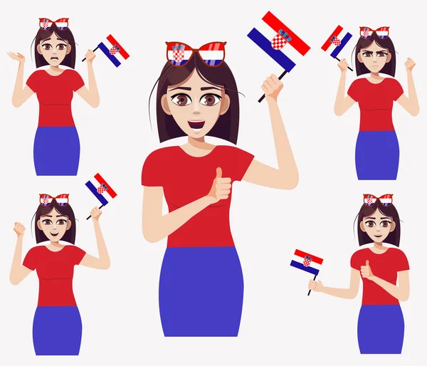 Uma Mulher Bonita Com Bandeira Croata Conjunto Emoções Fãs Ilustração —  Vetores de Stock