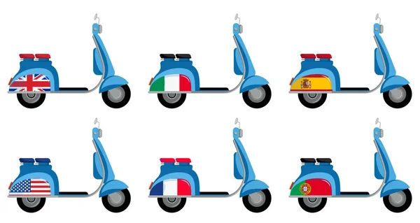 フランス イギリス アメリカ スペイン ポルトガル イタリアの旗を持つスクーターのセット ベクターイラスト — ストックベクタ