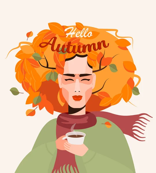 Illustration Automne Avec Femme Mignonne Une Fille Avec Une Tasse — Image vectorielle