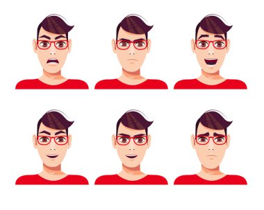 Gözlüklü genç ve güzel bir adamın duyguları ve duyguları. Çizgi film tarzında vektör illüstrasyonu.