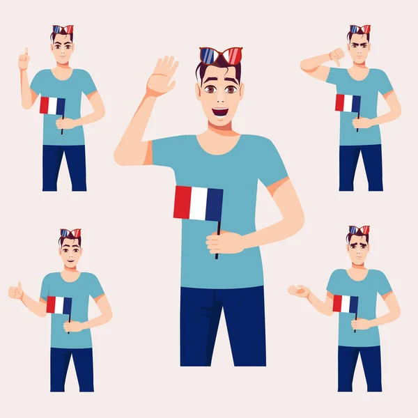Een Aantrekkelijke Man Met Een Franse Vlag Een Paar Fan — Stockvector