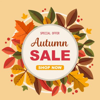 Yapraklı güzel sonbahar indirimi afişi. Renkli bir geçmiş. Vektör illüstrasyonu.