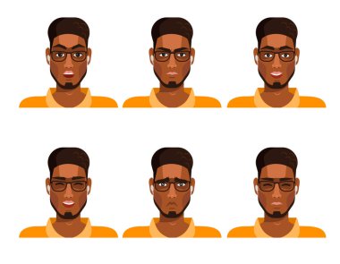 Collection of various emotion expression avatar man happy, angry, sad, funny. Set of different avatar African American people male in cartoon style. Vector illustration.
