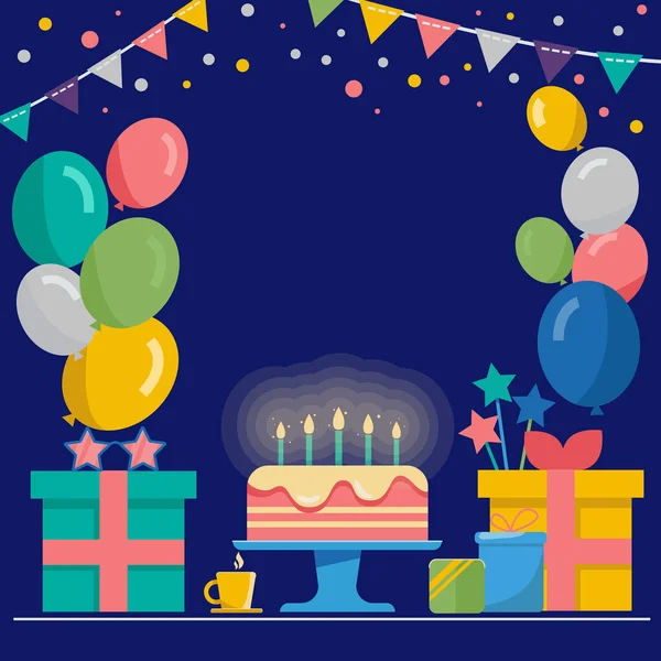 Happy Birthday Background Cake Balloons Gifts Dark Blue Background Vector — Wektor stockowy