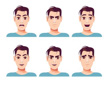 Farklı yüz ifadeleri olan bir grup çekici genç adam. Çizgi film tarzında vektör illüstrasyonu.