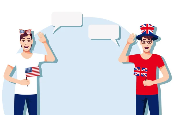 Mannen Met Amerikaanse Britse Vlaggen Achtergrond Van Tekst Communicatie Tussen — Stockvector