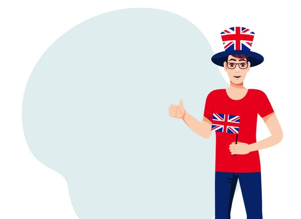Egy Fiatal Férfi Brit Zászlóval Feltartott Hüvelykujjal Szöveg Háttere Vektorillusztráció — Stock Vector