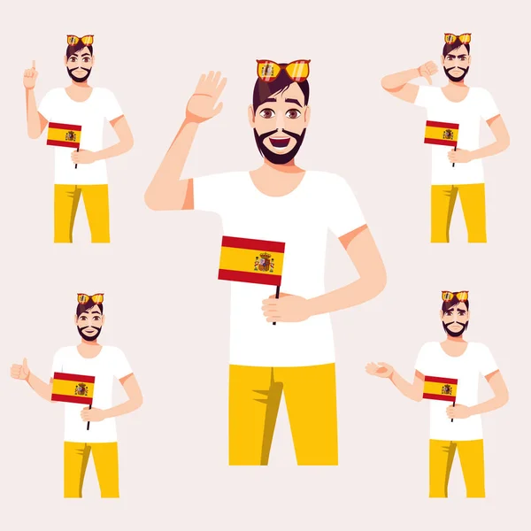 Een Mooie Man Met Spaanse Vlag Een Paar Fan Emoties — Stockvector