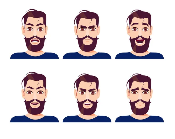 Set Handsome Bearded Man Different Facial Expressions Vector Illustration Cartoon — Stock Vector