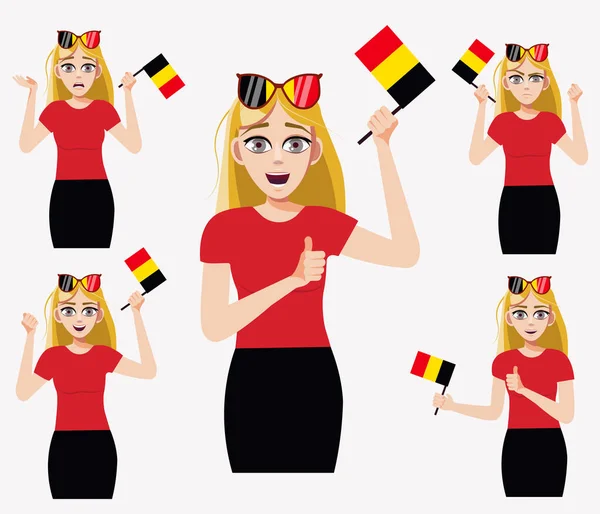 Een Mooie Vrouw Met Belgische Vlag Een Paar Fan Emoties — Stockvector
