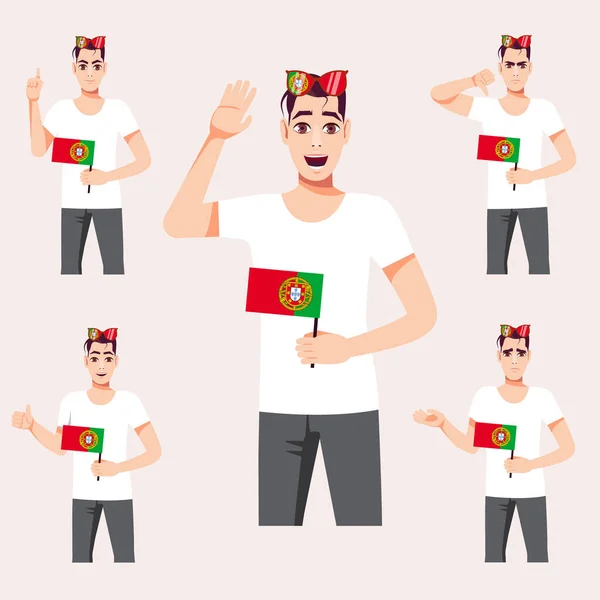 Hadsome Man Portuguese Flag Set Fan Emotions Vector Illustration Cartoon — Stock Vector