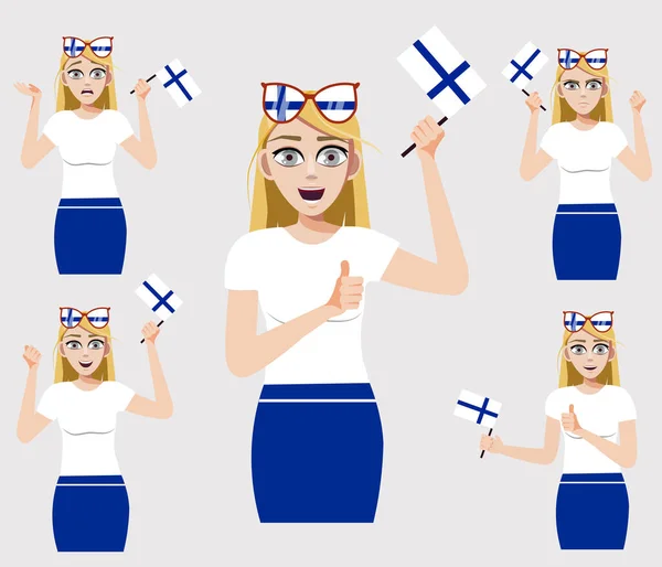 Uma Mulher Bonita Com Bandeira Finlandesa Conjunto Emoções Fãs Ilustração —  Vetores de Stock