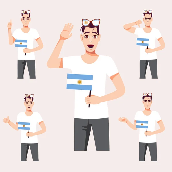 Hombre Guapo Con Bandera Argentina Conjunto Emociones Los Fans Ilustración — Vector de stock