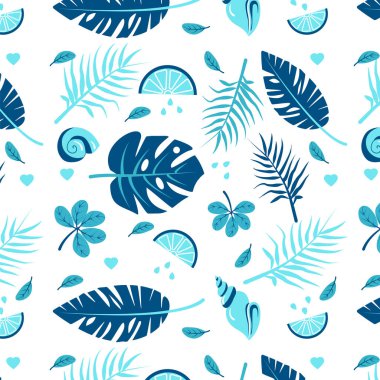 Beautiful seamless pattern with tropical leaves, seashells and lemon slices in blue colors. Drawing in flat style.