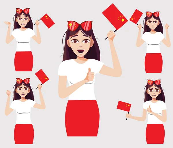 Beautiful Woman Chinese Flag Set Fan Emotions Vector Illustration Cartoon — Vector de stock