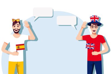 İspanyol ve İngiliz bayraklı adamlar. Metin için arka plan. Dil anadili konuşanlar arasındaki iletişim. Vektör illüstrasyonu.