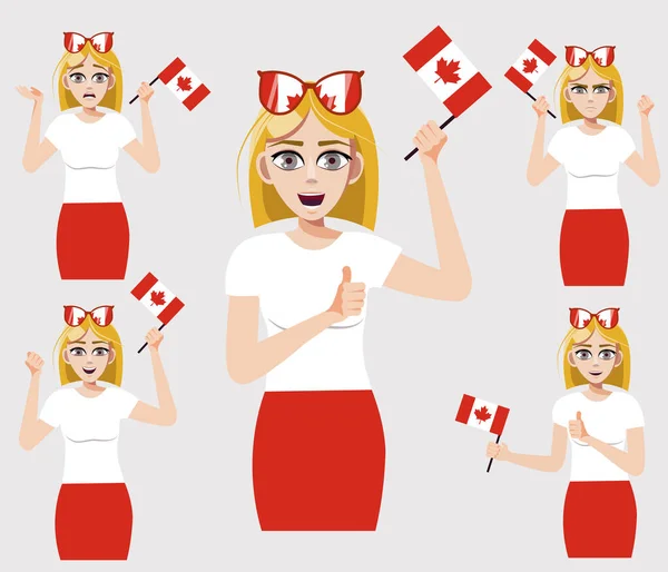 Uma Mulher Bonita Com Bandeira Canadiana Conjunto Emoções Fãs Ilustração —  Vetores de Stock
