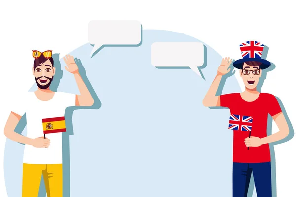 Muži Španělskou Britskou Vlajkou Pozadí Textu Komunikace Mezi Rodilými Mluvčími — Stockový vektor
