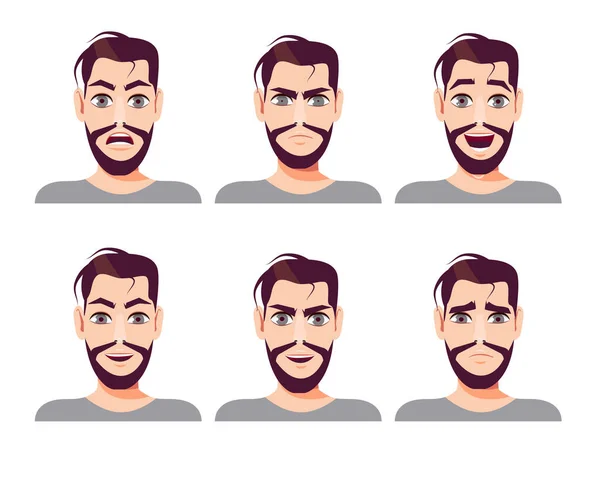 Ensemble Homme Barbu Avec Différentes Expressions Faciales Illustration Vectorielle Dans — Image vectorielle