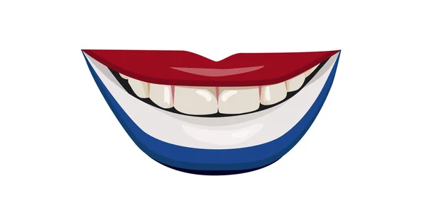 Dudaklarında Hollanda Bayrağı Var Beyaz Dişli Bir Kadının Gülümsemesi Vektör — Stok Vektör