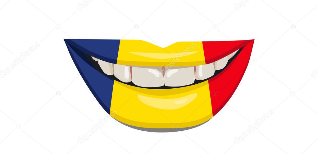 The flag of Romania on the lips. A woman's smile with white teeth. Vector illustration.