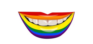 Dudaklarında Gökkuşağı LGBT Gurur bayrağı var. Beyaz dişli bir kadının gülümsemesi. Vektör illüstrasyonu.