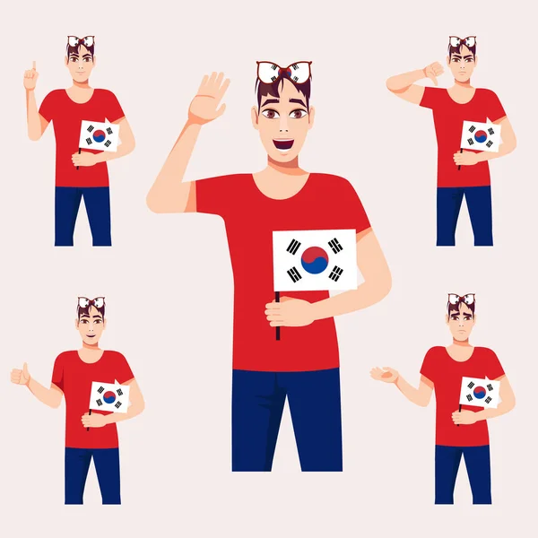 Hombre Guapo Con Bandera Corea Del Sur Conjunto Emociones Los — Archivo Imágenes Vectoriales
