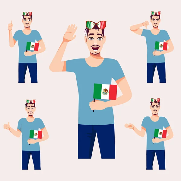 Hombre Guapo Con Bandera Mexicana Conjunto Emociones Los Fans Ilustración — Vector de stock