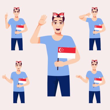 Singapur bayrağı taşıyan güzel bir adam. Hayran duyguları seti. Çizgi film biçimi üzerine vektör illüstrasyonu.