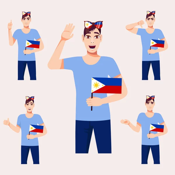 Homem Bonito Com Bandeira Filipina Conjunto Emoções Fãs Ilustração Vetorial —  Vetores de Stock