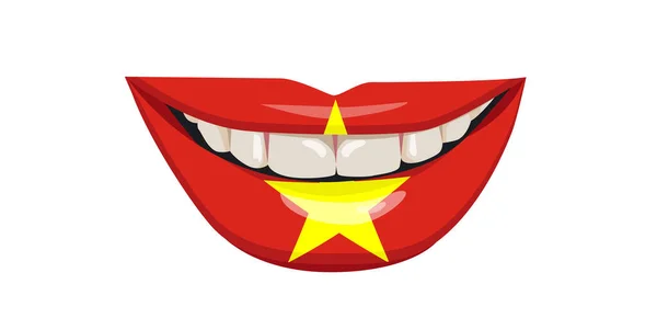 Dudaklarında Vietnam Bayrağı Beyaz Dişli Bir Kadının Gülümsemesi Vektör Illüstrasyonu — Stok Vektör