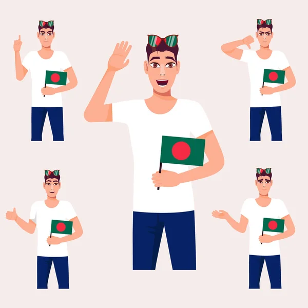 Hombre Hermoso Con Bandera Bangladesh Conjunto Emociones Los Fans Ilustración — Vector de stock