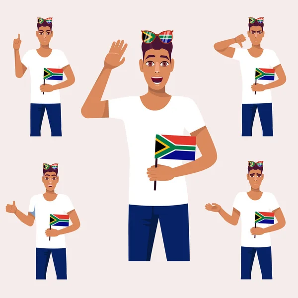 Hombre Hermoso Con Bandera Sudáfrica Conjunto Emociones Los Fans Ilustración — Vector de stock