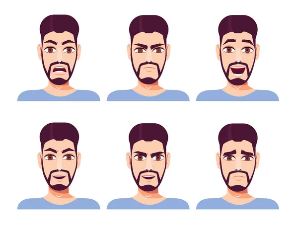 Ensemble Homme Barbu Aux Cheveux Bruns Avec Différentes Expressions Faciales — Image vectorielle