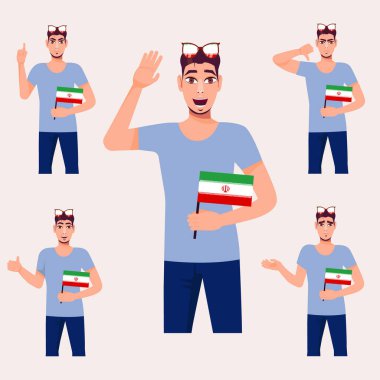 A handsome man with the Iranian flag. A set of fan emotions. Vector illustration on cartoon style.