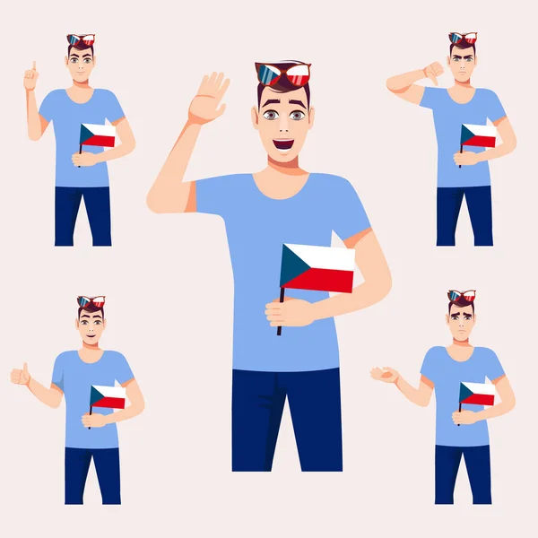 Een Mooie Man Met Tsjechische Vlag Een Paar Fan Emoties — Stockvector
