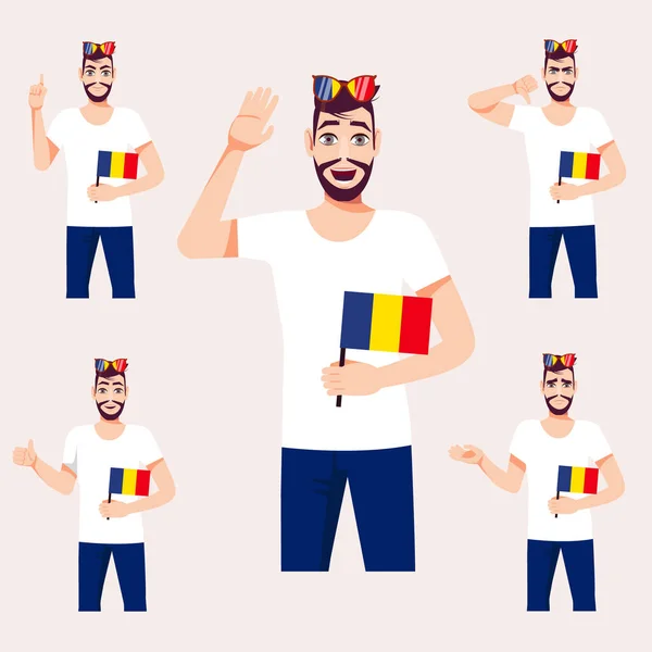 Bel Homme Avec Drapeau Roumain Ensemble Émotions Fans Illustration Vectorielle — Image vectorielle