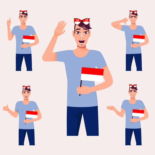Hombre Hermoso Con Bandera Indonesia Conjunto Emociones Los Fans Ilustración — Vector de stock