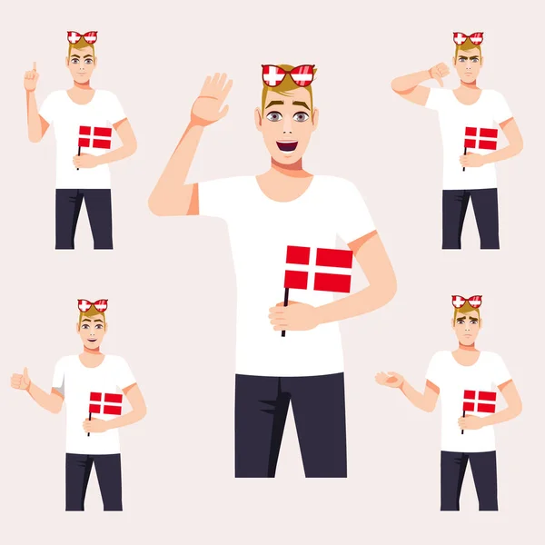 Hombre Atractivo Con Bandera Danesa Conjunto Emociones Los Fans Ilustración — Vector de stock