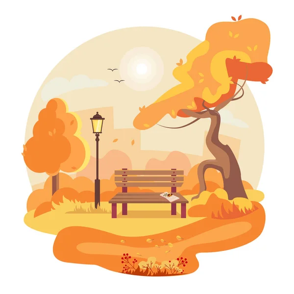 Colourfull Autumn Park Bench Lantern Cool Weather Nature Warm Colors — Stock Vector