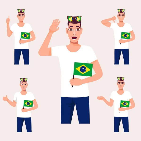 Ένας Όμορφος Άντρας Βραζιλιάνικη Σημαία Ένα Σύνολο Συναισθημάτων Θαυμαστών Εικονογράφηση — Διανυσματικό Αρχείο