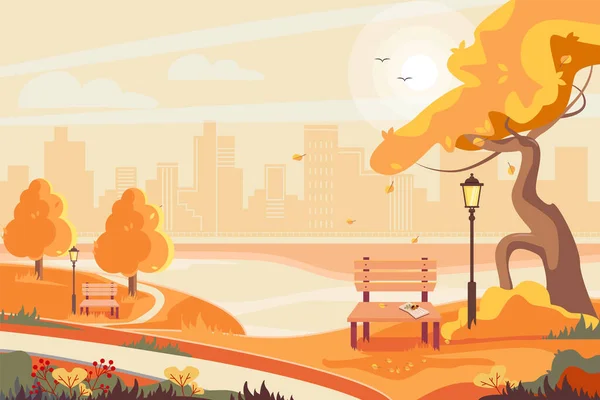Красивый Осенний Пейзаж Городской Парк Городскими Зданиями Заднем Плане Векторная — стоковый вектор