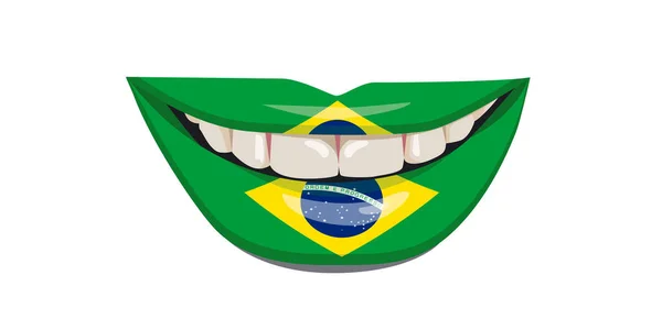 Bandeira Brasileira Nos Lábios Mulher Sorridente Com Dentes Brancos Ilustração —  Vetores de Stock