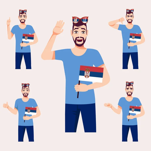 Een Mooie Man Met Servische Vlag Een Paar Fan Emoties — Stockvector